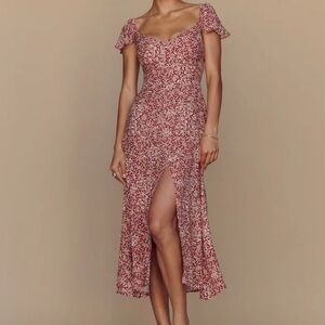 Reformation Red Floral Sweetheart Midi Dress